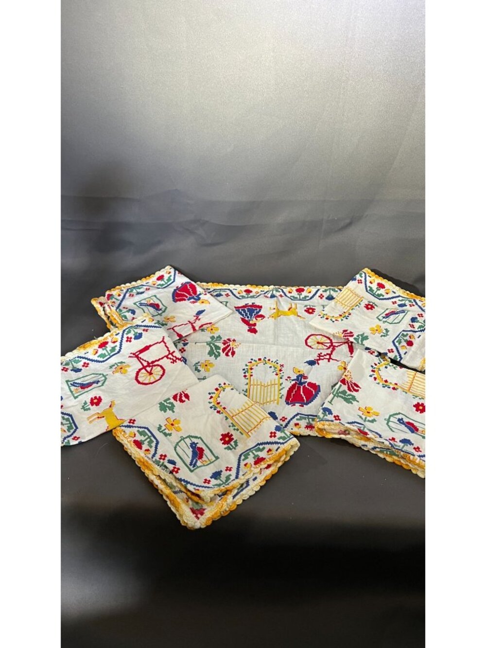 Colorful Hand-Embroidered Vintage Doilies Set Farmhouse Accents